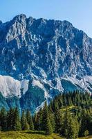 idilliaco paesaggio nel il Alpi con fresco verde prati, fioritura fiori, tipico agriturismi e Innevato montagna cime nel il sfondo, Parco Nazionale berchtesgadener terra, Baviera, Germania foto