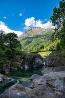 paesaggio tiro di un' ruscello con ponte e montagne foto