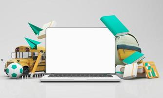 indietro per scuola in linea apprendimento, e-learning con scuola forniture e attrezzatura. il computer portatile computer schermo con carta razzo Accessori e libri di testo su giallo sfondo. cartone animato stile -3d interpretazione foto