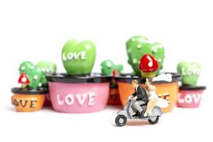 coppia in miniatura in sella a una motocicletta accanto a piante succulente in miniatura, concetto di San Valentino
