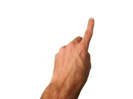 immagine del dorso della mano sinistra chiusa con il primo dito esteso, o segno di puntamento, isolato su uno sfondo bianco foto