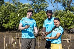 squadra di giovane e diversità volontario lavoratore gruppo godere caritatevole sociale opera all'aperto nel mangrovia piantare ngo opera per combattente clima modificare e globale riscaldamento nel costa habitat foto