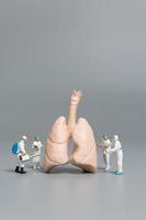 medici e infermieri in miniatura che osservano e discutono del concetto di polmone umano, virus e batteri