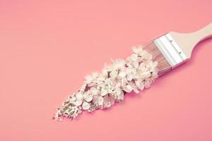 spazzola con bianca fiori su pastello rosa sfondo. primavera Magia concetto foto