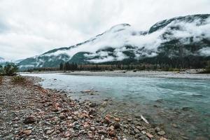 fiume nel alaska dove grizzlies piace per pesce con nebbioso montagne foto