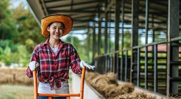 ritratto di contento asiatico contadino donna alimentazione mucche nel stalla su latteria azienda agricola. agricoltura industria, agricoltura, le persone, tecnologia e animale allevamento concetto. foto