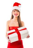 bellissimo Santa Natale ragazza con regalo isolato su bianca foto