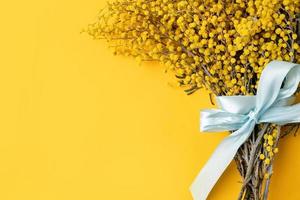 giallo mimosa fiori mazzo su giallo solido bakground foto