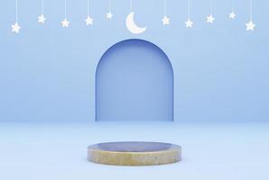 piattaforma oro con blu sfondo stella, Ramadan kareem concetto. 3d illustrazione interpretazione foto