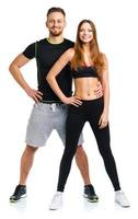 sport coppia - uomo e donna dopo fitness esercizio su il bianca foto