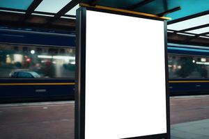 vicino su di verticale vuoto tabellone modello nel città con treno in movimento nel sfondo, vuoto tabellone modello a treno stazione, vuoto segnaletica tavola a stazione. gratuito foto