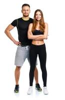 atletico uomo e donna dopo fitness esercizio su il bianca foto