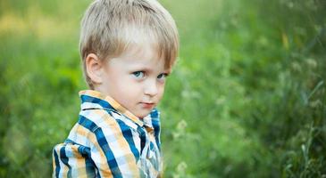 un' carino poco bambino ragazzo sedersi nel il erba foto