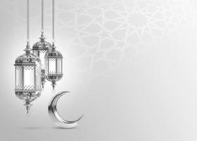 Ramadan kareem. islamico saluto modello con Ramadan per sfondo design. manifesto, media bandiera . argento lampada e un' mezzaluna Luna su un' grigio foto