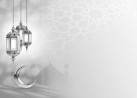 Ramadan kareem. islamico saluto modello con Ramadan per sfondo design. manifesto, media bandiera . argento lampada e un' mezzaluna Luna su un' grigio foto