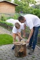 papà insegna il suo figlio per martello Chiodi in un' albero foto