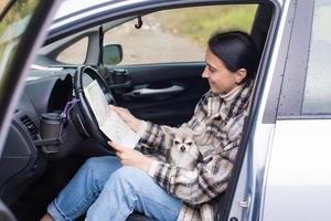 un' carino ragazza è seduta nel un' auto dietro a il ruota, Tenere un' chihuahua e un' strada carta geografica foto