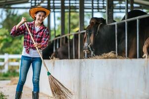 ritratto di contento giovane asiatico contadino donna radicale pavimento a mucca azienda agricola. agricoltura industria, agricoltura, le persone, tecnologia e animale allevamento concetto. foto