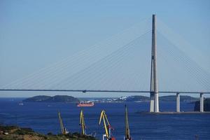 paesaggio marino di ponte russky e una costa con gru edili a vladivostok, russia foto