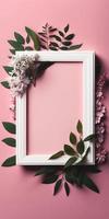 vuoto bianca telaio su rosa sfondo con fiori e le foglie su il angolo foto
