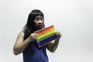 lgbt orgoglio mese concetto, asiatico bello maschio rendere su e indossare donna stoffa, gay la libertà giorno, ritratto di non binario su bianca sfondo foto