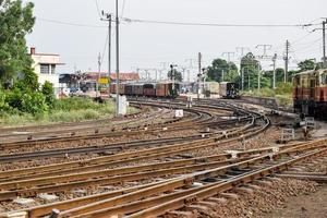 Visualizza di giocattolo treno ferrovia brani a partire dal il mezzo durante giorno vicino calca ferrovia stazione nel India, giocattolo treno traccia Visualizza, indiano ferrovia giunzione, pesante industria foto