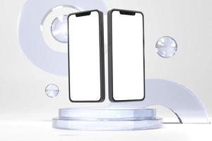 smartphone su un' bicchiere podio con geometrico forme sfondo foto