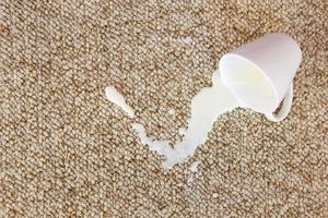 tazza di latte abbattere su tappeto. macchia è su pavimento. foto