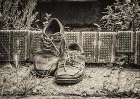 vecchio logoro pelle scarpe nel il giardino . un' nero e bianca foto effetto.