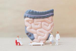 medici e infermieri in miniatura che osservano e discutono dell'intestino umano, della scienza e del concetto medico foto