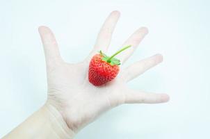 fresco fragole nel mano, un appetitoso fragola nel il donna di stuzzicando mano a il bianca sfondo foto