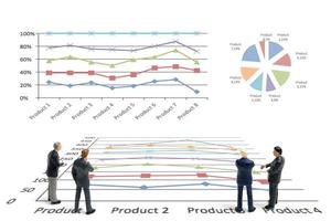 uomini d'affari in miniatura in piedi con i grafici su uno sfondo bianco foto