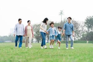 asiatico famiglia foto a piedi insieme nel il parco