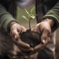 maschio mani Tenere un' albero alberello per essere piantato. Salva il pianeta con rimboschimento. nostro verde futuro. generativo ai foto