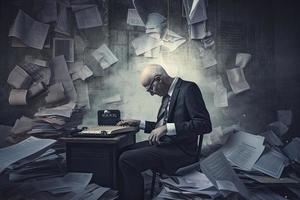 un' concettuale collage di un' uomo d'affari frequentato di documenti e rapporti che rappresentano il fatica di il moderno mondo a opera. foto