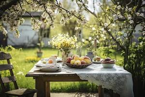 primavera tavolo con alberi nel fioritura e sfocato soleggiato giardino nel sfondo foto