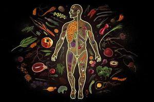 schema di un' umano con bulloni di energia in esecuzione attraverso il corpo, il corpo è circondato di frutta foto