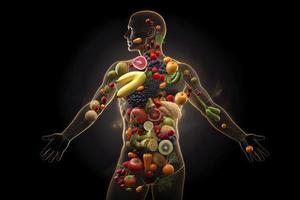 schema di un' umano con bulloni di energia in esecuzione attraverso il corpo, il corpo è circondato di frutta foto