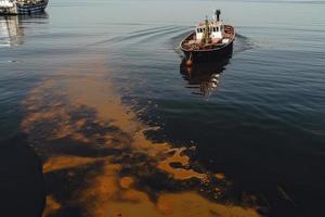 olio perdita a partire dal nave , olio versare inquinamento inquinata acqua superficie. acqua inquinamento come un' risultato di umano attività foto