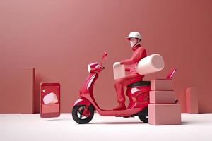 consegna uomo guida scooter nel logistica cibo servizio con smartphone App programma. 3d interpretazione foto