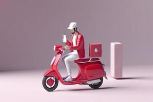 consegna uomo guida scooter nel logistica cibo servizio con smartphone App programma. 3d interpretazione foto