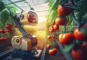 tecnologia automazione di agricoltura. robot braccio raccolti verdure nel serra foto