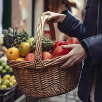 donna le foglie il mercato con un' cestino o un' grande pacchetto pieno di frutta e verdure. generativo ai foto