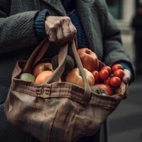 donna le foglie il mercato con un' cestino o un' grande pacchetto pieno di frutta e verdure. generativo ai foto