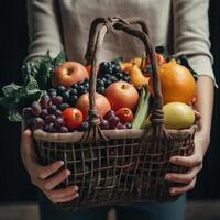 donna le foglie il mercato con un' cestino o un' grande pacchetto pieno di frutta e verdure. generativo ai foto