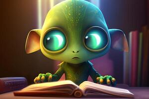 3d poco alieno personaggio lettura un' libro. illustrazione per mondo libro giorno progettato di generativo ai. foto