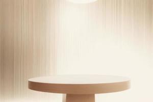 il giro di legno tavolo su leggero Marrone sfondo, podio per Prodotto Schermo foto