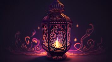 Ramadan kareem celebrazione con Arabo lanterne, bokeh, e neon luci crea un incantevole atmosfera su un' palcoscenico sfondo. ideale per sfondi e striscioni. generativo ai. foto