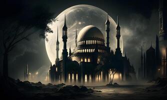 primavera Ramadan kareem e eid storico moschea e Luna buio notte Visualizza sfondo. generativo ai. foto