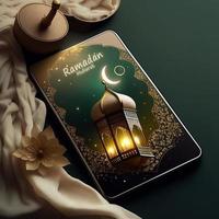 Ramadan kareem saluto sfondo islamico illustrazione vettore design con brillante lanterne e Arabo calligrafia sfondo vettore illustrazione foto